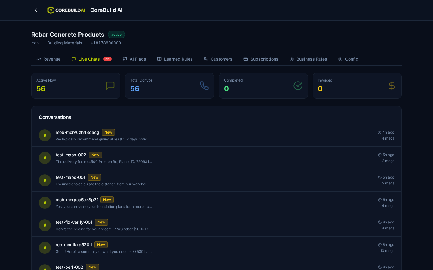 Live Chats dashboard showing 56 active conversations