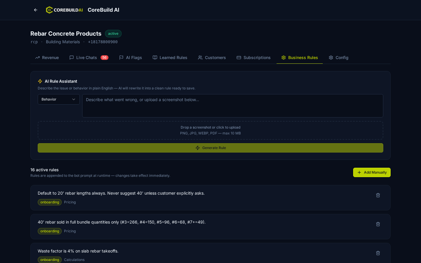 Business Rules dashboard showing AI Rule Assistant and 16 active rules